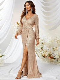 Surplice Neck Wrap Hem Sequin Prom Dress-MGT256