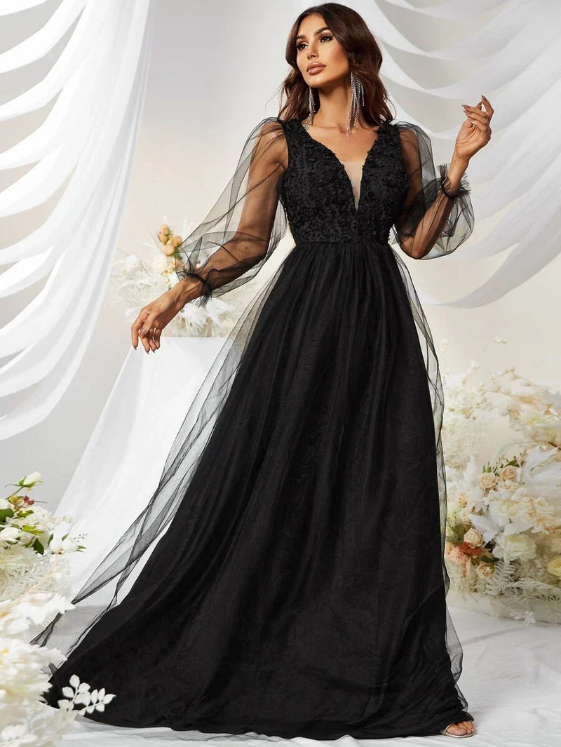 Contrast Mesh Lantern Sleeve Prom Dress-SSW3038