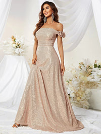 Off Shoulder Ruffle Trim Sequin Prom Dress-MGT453