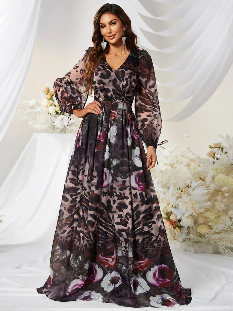 Mixed Print Lantern Sleeve Chiffon Maxi Dress-MGN464