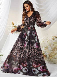 Mixed Print Lantern Sleeve Chiffon Maxi Dress-MGN464