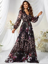 Mixed Print Lantern Sleeve Chiffon Maxi Dress-MGN464