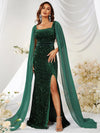 Square Neck Extra-Long Sleeve Split Thigh Sequins Prom Dress-SS239