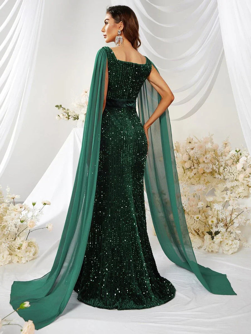 Square Neck Extra-Long Sleeve Split Thigh Sequins Prom Dress-SS239