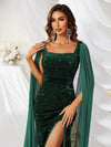 Square Neck Extra-Long Sleeve Split Thigh Sequins Prom Dress-SS239