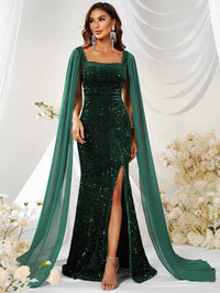 Square Neck Extra-Long Sleeve Split Thigh Sequins Prom Dress-SS239