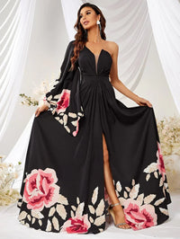 Floral Print One Shoulder Flounce Sleeve Split Thigh Chiffon Dress-SSY262