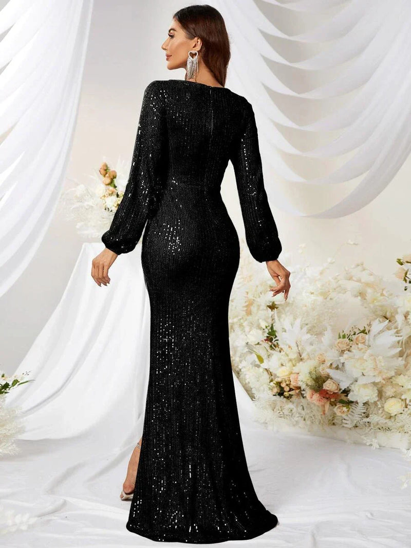 Surplice Neck Wrap Hem Sequin Prom Dress-MGT256-2