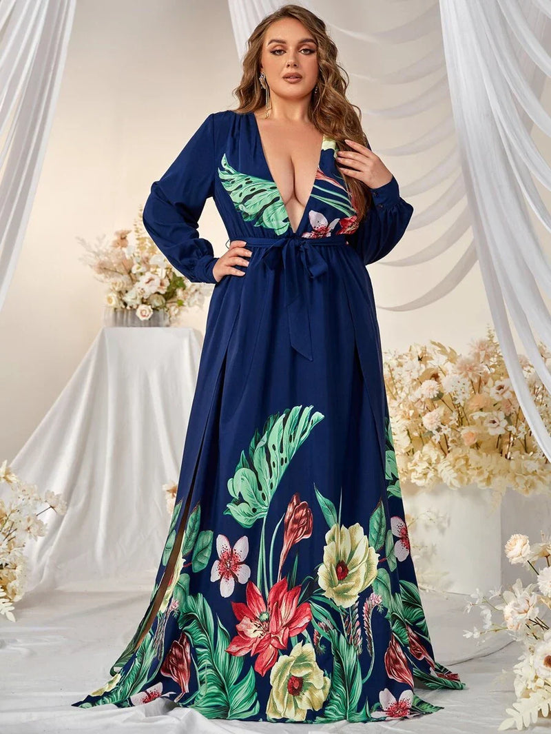 Plus Tropical Print Plunging Neck Split Thigh Maxi Dress-FSSN042