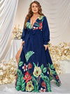 Plus Tropical Print Plunging Neck Split Thigh Maxi Dress-FSSN042