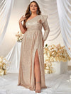 Plus One Shoulder Ruffle Trim Split Thigh Sequin Formal Dress-FMG140