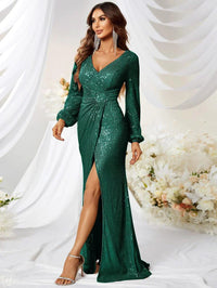 Lantern Sleeve Wrap Hem Sequin Formal Dress-MGT256-1