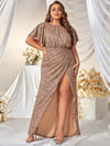 Plus Butterfly Sleeve Wrap Hem Sequin Formal Dress-FMGN510