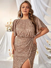 Plus Butterfly Sleeve Wrap Hem Sequin Formal Dress-FMGN510