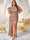 Plus Butterfly Sleeve Wrap Hem Sequin Formal Dress-FMGN510