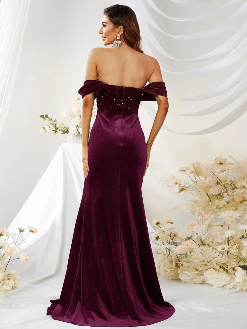 Off Shoulder Contrast Sequin Floor Length Formal Dress-MGW359-1