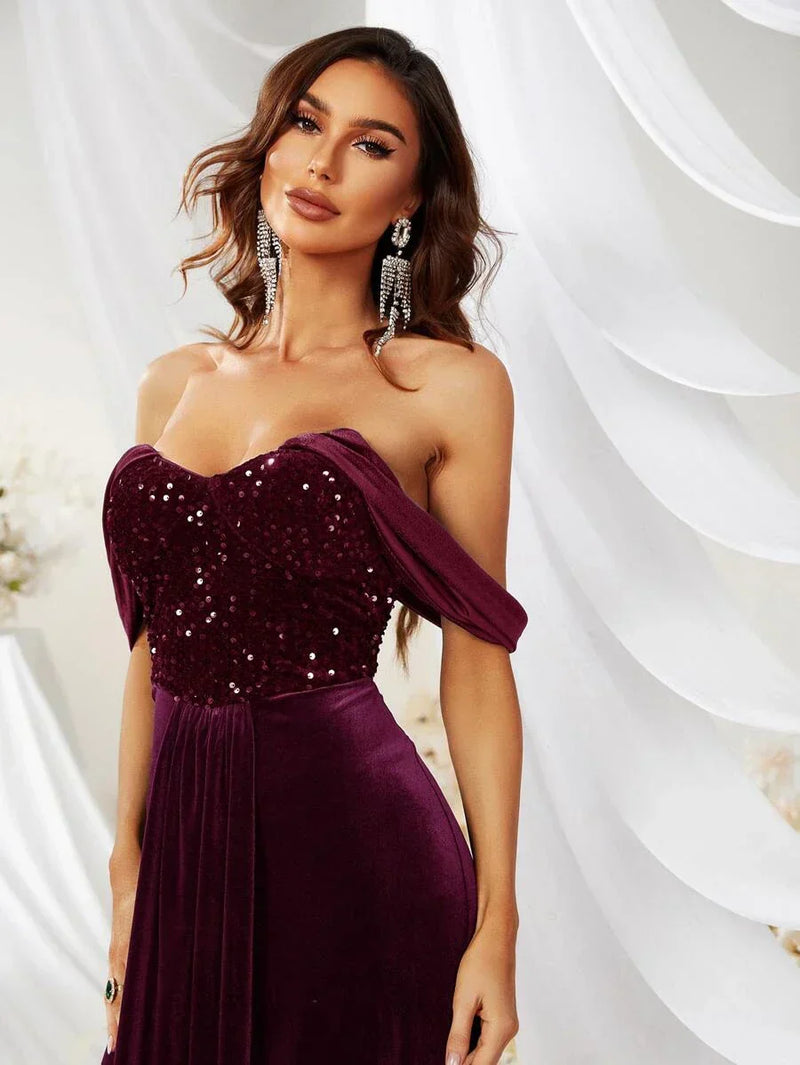 Off Shoulder Contrast Sequin Floor Length Formal Dress-MGW359-1