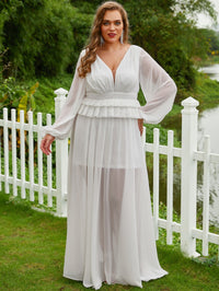 Plus Plunging Neck Ruffle Trim Lantern Sleeve Chiffon Formal Dress-FSST2069-1