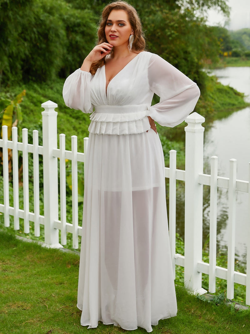 Plus Plunging Neck Ruffle Trim Lantern Sleeve Chiffon Formal Dress-FSST2069-1