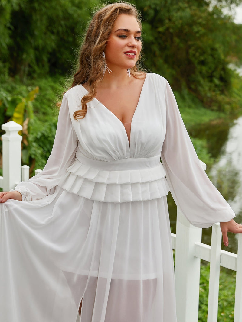 Plus Plunging Neck Ruffle Trim Lantern Sleeve Chiffon Formal Dress-FSST2069-1