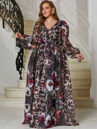 Giffniseti Plus Leopard & Floral Print Lantern Sleeve Chiffon Dress-FMGN464