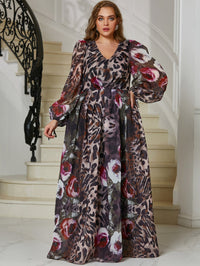 Giffniseti Plus Leopard & Floral Print Lantern Sleeve Chiffon Dress-FMGN464