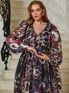 Giffniseti Plus Leopard & Floral Print Lantern Sleeve Chiffon Dress-FMGN464