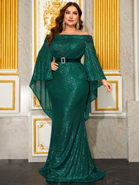 Giffniseti Plus Off Shoulder Cloak Sleeve Belted Sequin Formal Dress-FMG1035