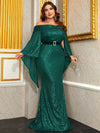 Giffniseti Plus Off Shoulder Cloak Sleeve Belted Sequin Formal Dress-FMG1035