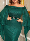 Giffniseti Plus Off Shoulder Cloak Sleeve Belted Sequin Formal Dress-FMG1035