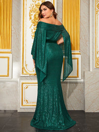 Giffniseti Plus Off Shoulder Cloak Sleeve Belted Sequin Formal Dress-FMG1035