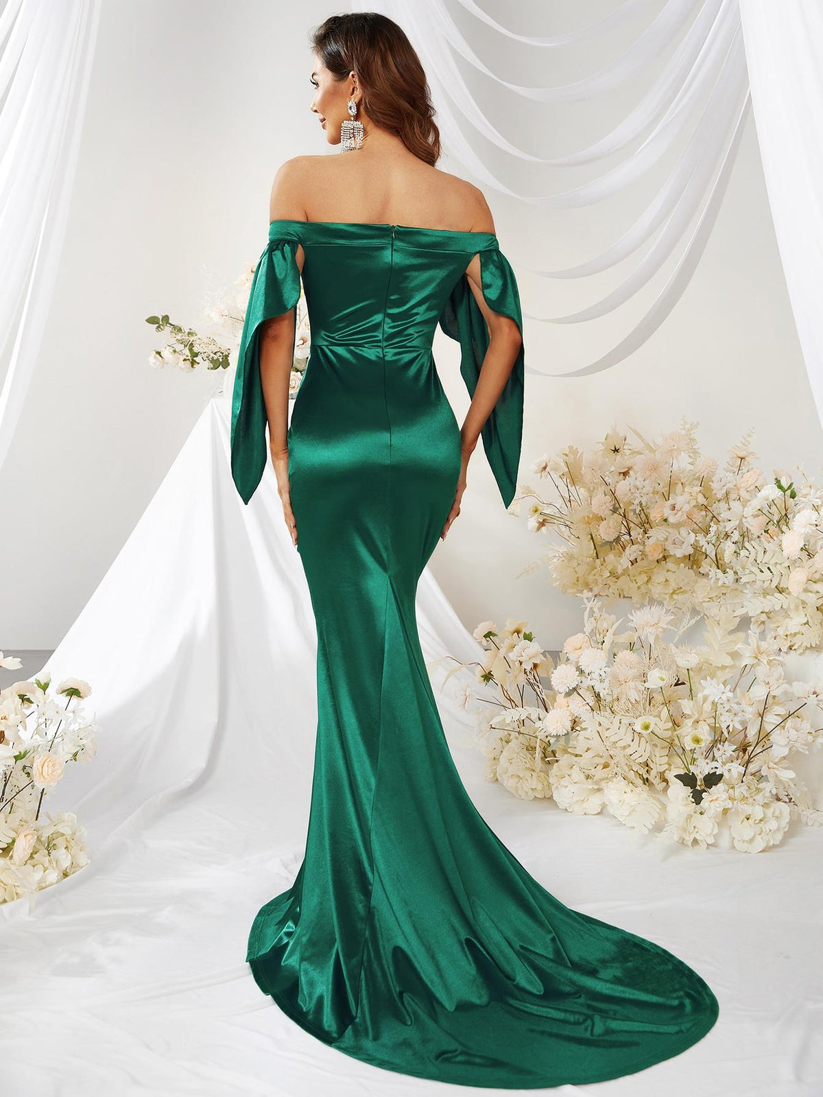 Off Shoulder Mermaid Hem Satin Formal Dress-MGW299