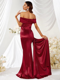 Off Shoulder Zip Back Satin Formal Dress-MGW325