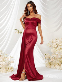 Off Shoulder Zip Back Satin Formal Dress-MGW325