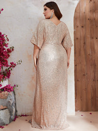 Plus Plunging Neck Batwing Sleeve Split Thigh Sequin Dress-FMGW460