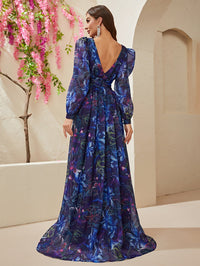 Giffniseti Allover Print Deep V Neck Lantern Sleeve Mesh Insert Maxi Dress-SSL6140