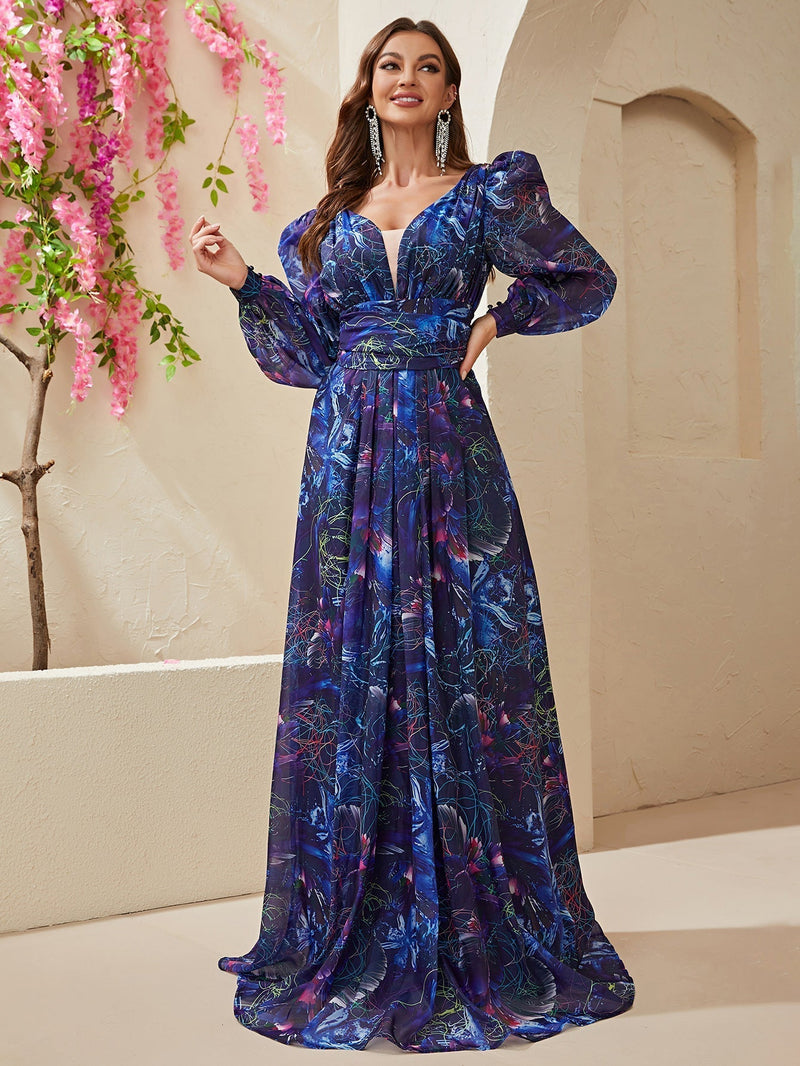 Giffniseti Allover Print Deep V Neck Lantern Sleeve Mesh Insert Maxi Dress-SSL6140