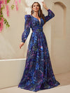 Giffniseti Allover Print Deep V Neck Lantern Sleeve Mesh Insert Maxi Dress-SSL6140