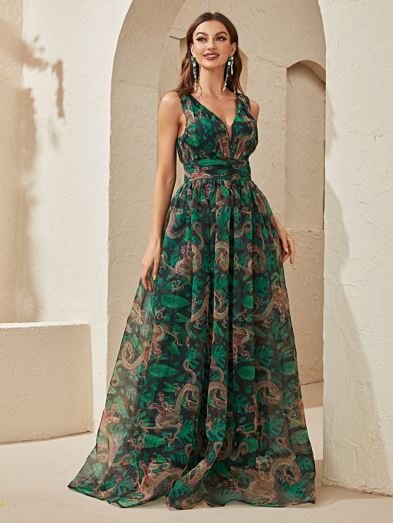 Giffniseti Tropical & Chinese Dragon Print Maxi Dress-SS342