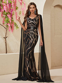 Contrast Mesh Cloak Sleeve Sequin Formal Dress-MGN646