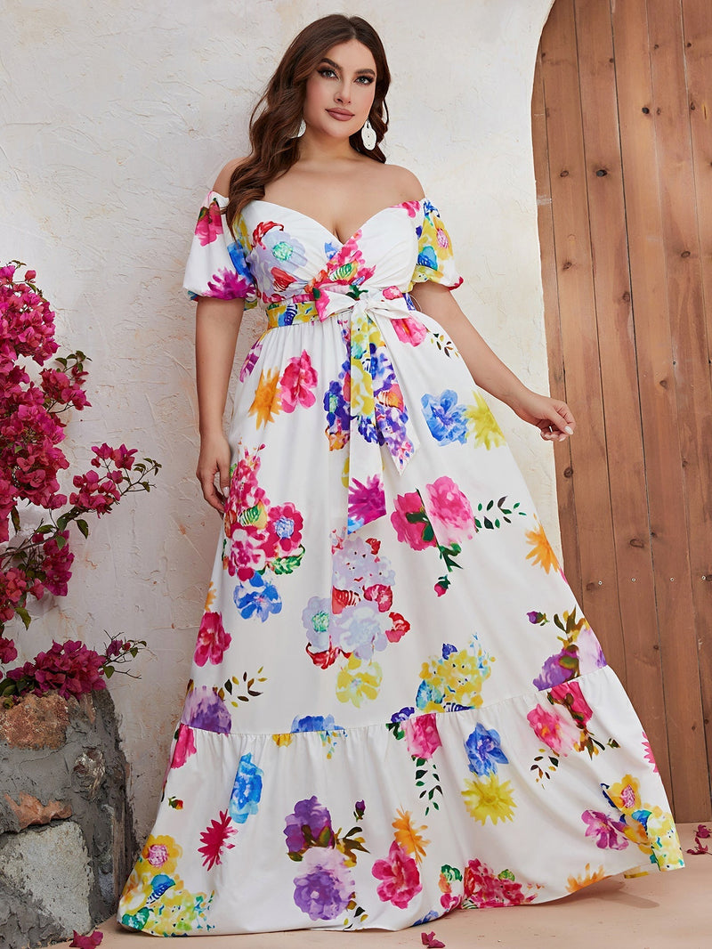 Plus Floral Print Off Shoulder Ruffle Hem Belted Dress-FSSN070