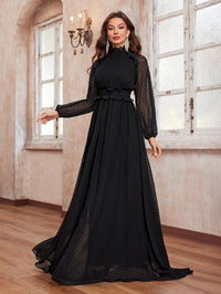 Giffniseti Women's Elegant Dress With Swiss Dot, Stand Collar, Long Sleeve And Gathered Waist In Chiffon Fabric-SST2129