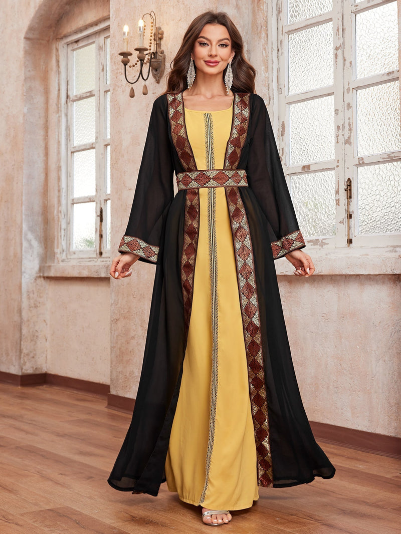 Giffniseti Ladies' Geometric Pattern Long Sleeve Abaya And Sleeveless Dress Set-MG1168