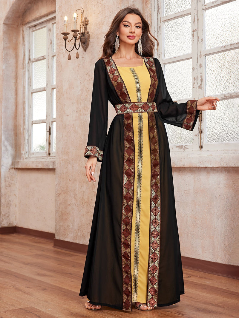 Giffniseti Ladies' Geometric Pattern Long Sleeve Abaya And Sleeveless Dress Set-MG1168