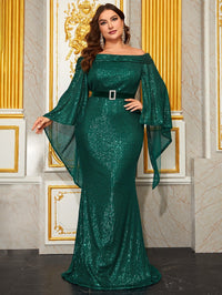 Giffniseti Plus Off Shoulder Cloak Sleeve Belted Sequin Formal Dress-FMG1035