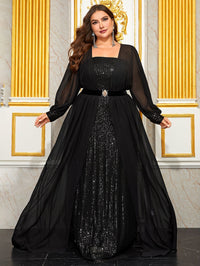 Giffniseti Plus Square Neck Lantern Sleeve Belted Sequin Formal Dress-FMGT1028