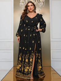 Giffniseti Plus Floral Print Lantern Sleeve Split Thigh Belted Dress-FMG796