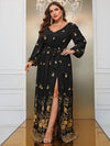 Giffniseti Plus Floral Print Lantern Sleeve Split Thigh Belted Dress-FMG796