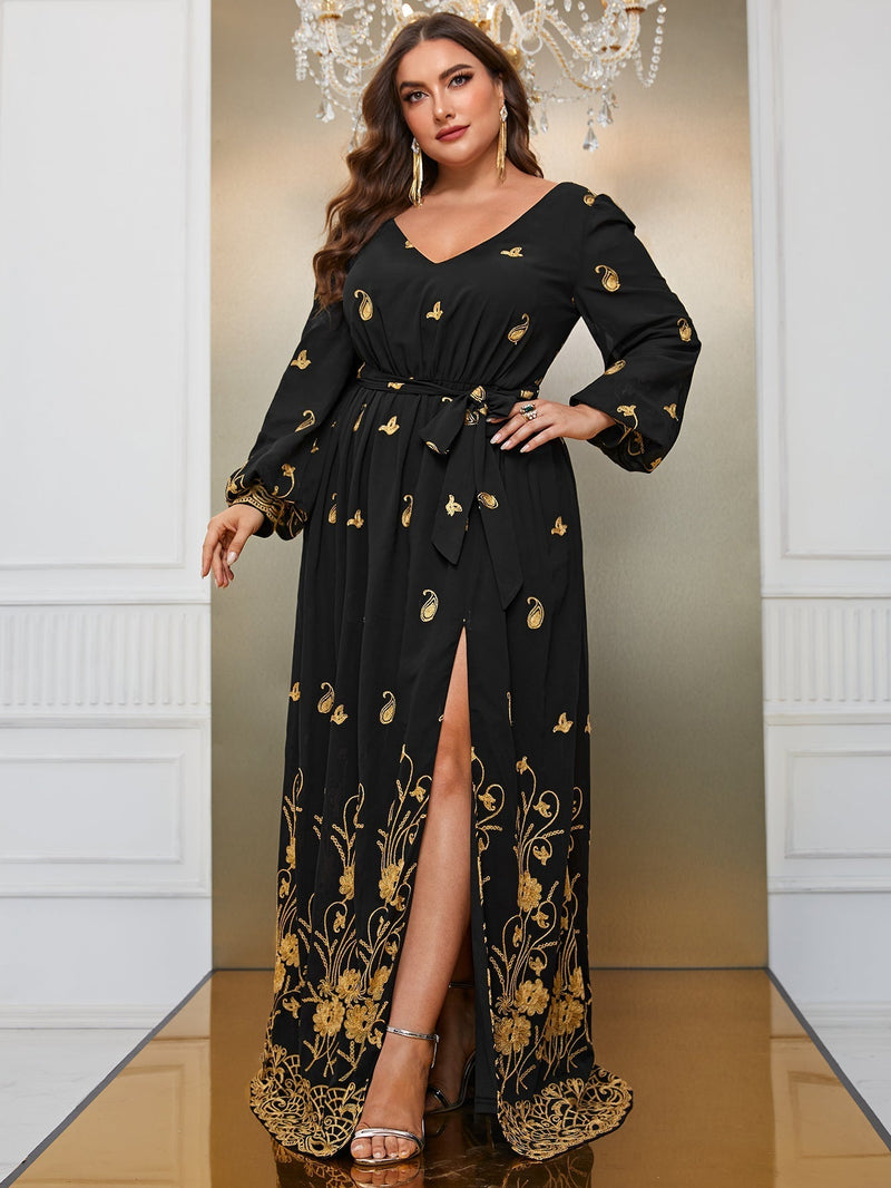 Giffniseti Plus Floral Print Lantern Sleeve Split Thigh Belted Dress-FMG796