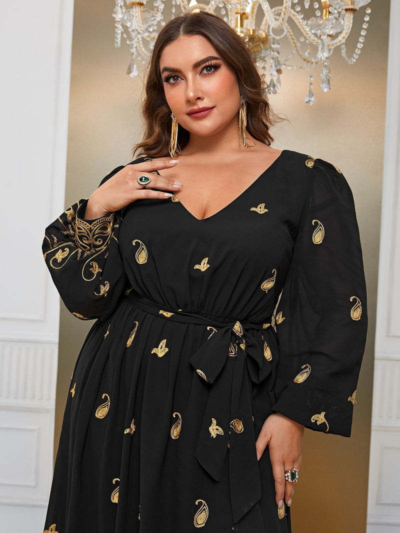 Giffniseti Plus Floral Print Lantern Sleeve Split Thigh Belted Dress-FMG796